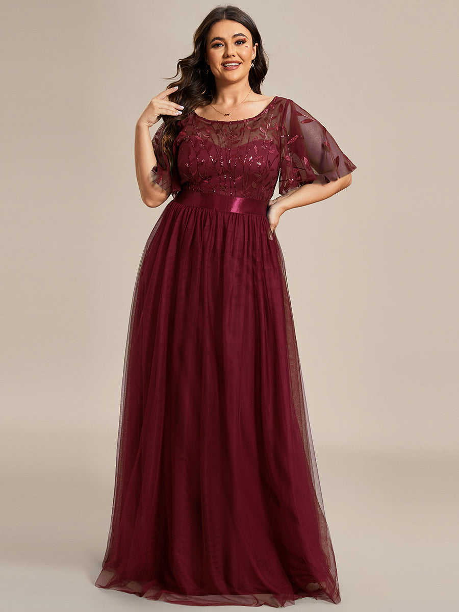 Damen A-Line Kurzarm Stickerei Bodenlanges Abendkleid #Farbe_Burgunderrot