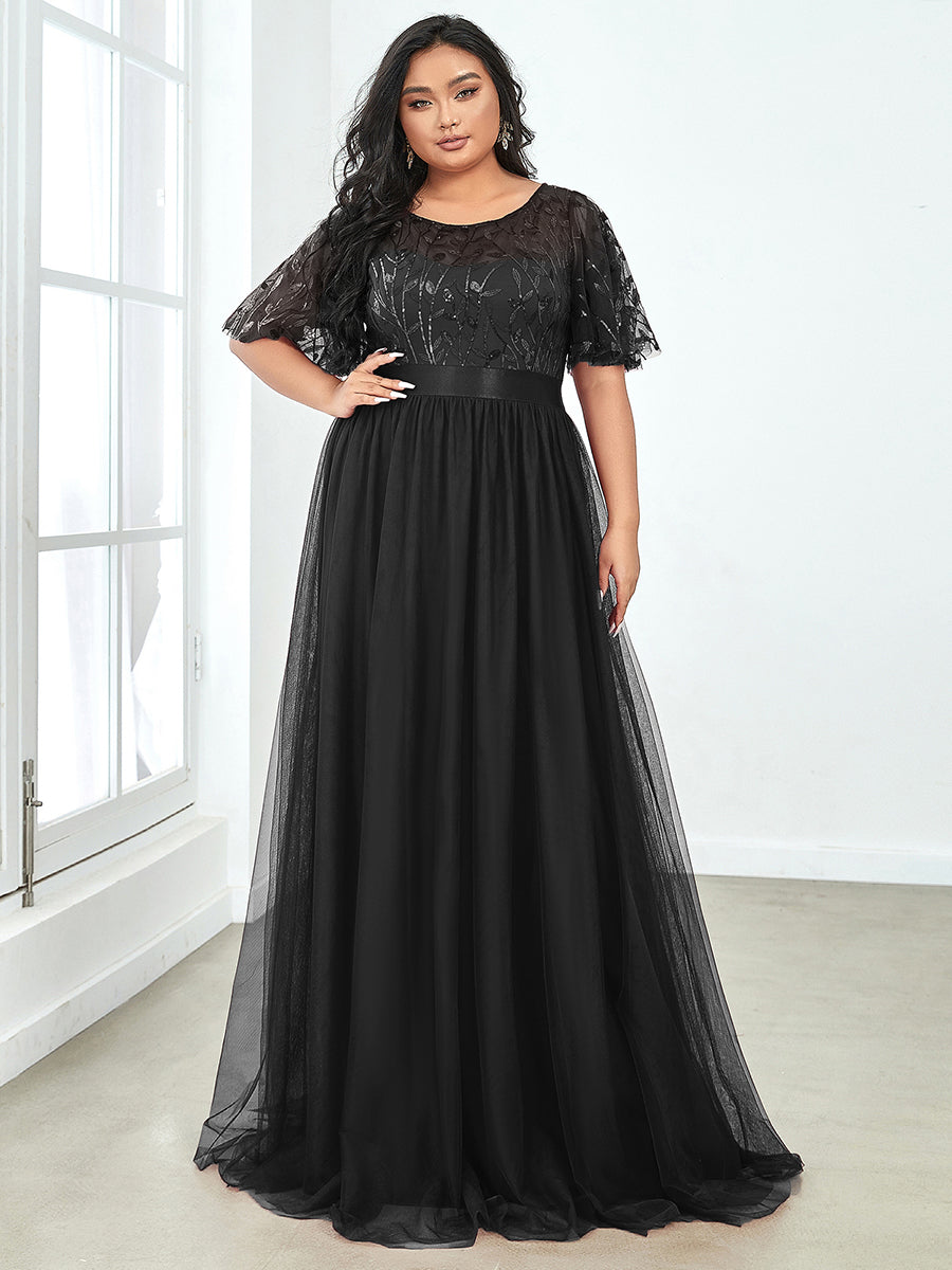 Damen A-Line Kurzarm Bodenlanges Abendkleid 00904 #farbe_Schwarz