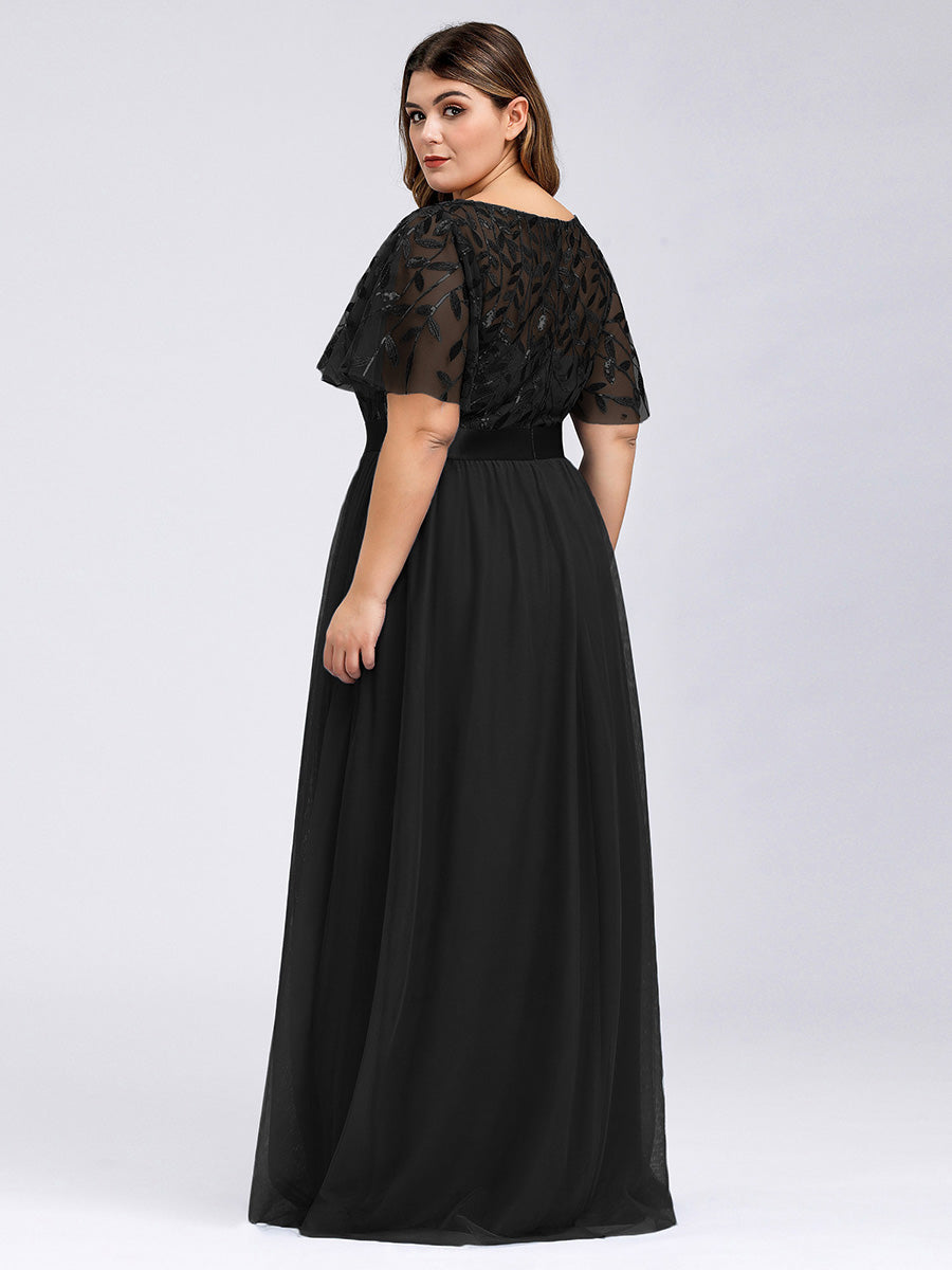 Damen A-Line Kurzarm Stickerei Bodenlanges Abendkleid #Farbe_Schwarz