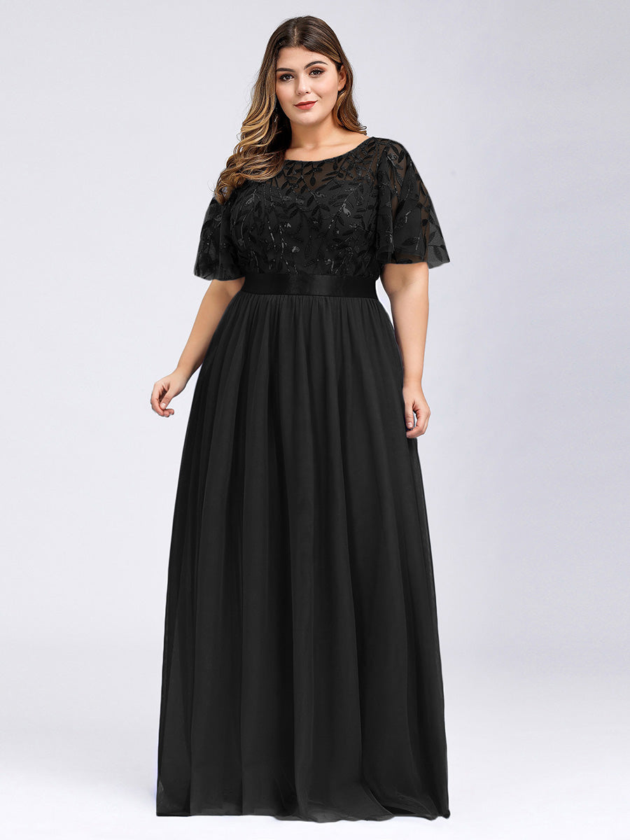 Damen A-Line Kurzarm Stickerei Bodenlanges Abendkleid #Farbe_Schwarz