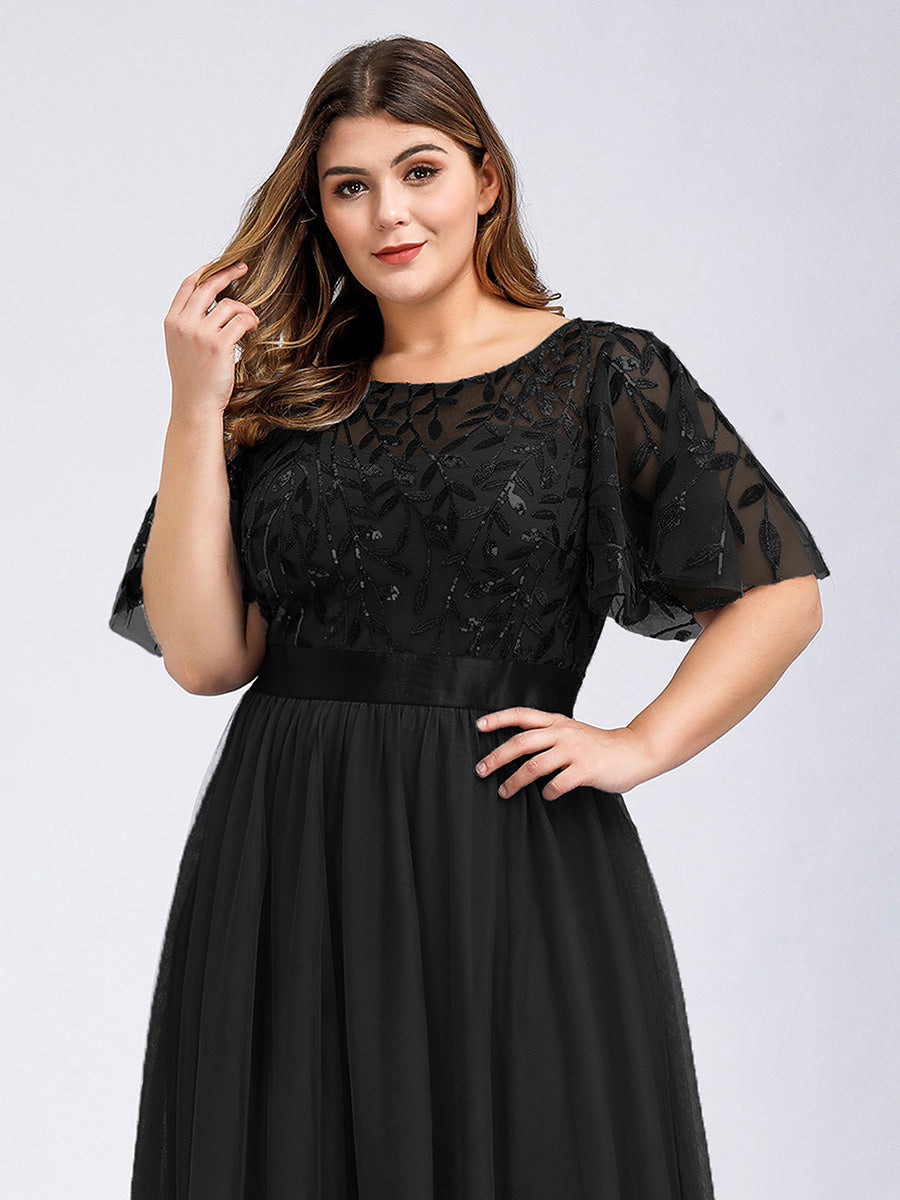 Damen A-Line Kurzarm Stickerei Bodenlanges Abendkleid #Farbe_Schwarz