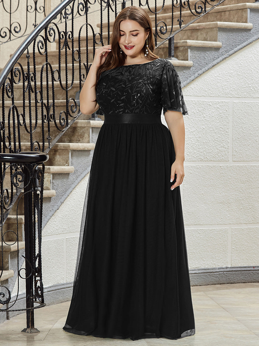 Damen A-Line Kurzarm Bodenlanges Abendkleid 00904 #farbe_Schwarz