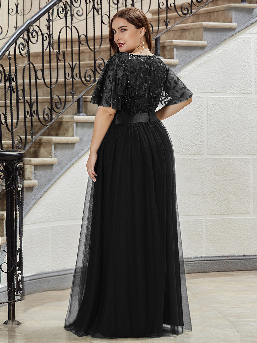 Damen A-Line Kurzarm Bodenlanges Abendkleid 00904 #farbe_Schwarz