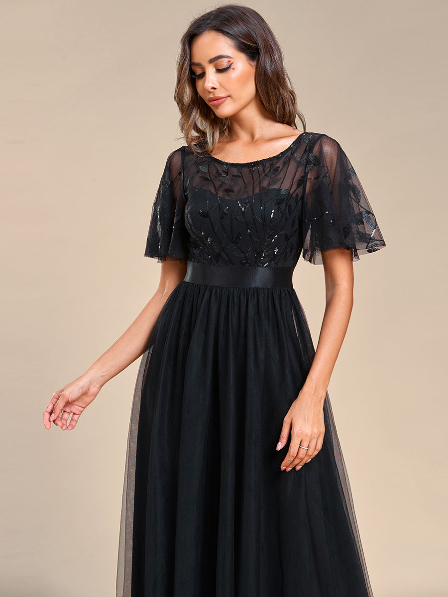 Damen A-Line Kurzarm Stickerei Bodenlanges Abendkleid #Farbe_Schwarz