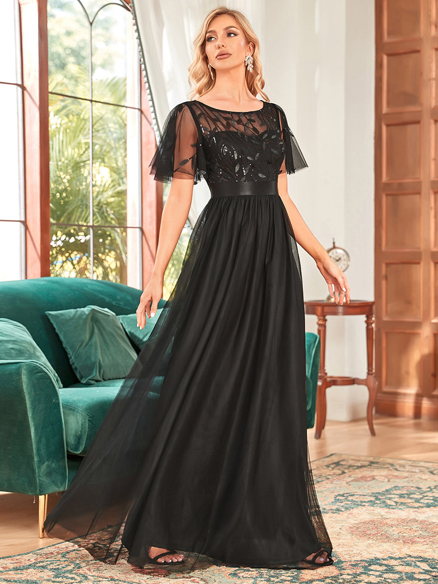 Damen A-Line Kurzarm Stickerei Bodenlanges Abendkleid #Farbe_Schwarz