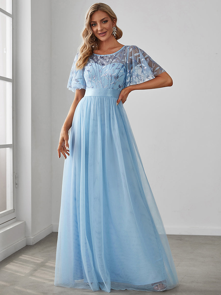 Damen A-Line Kurzarm Bodenlanges Abendkleid 00904 #farbe_Himmelblau