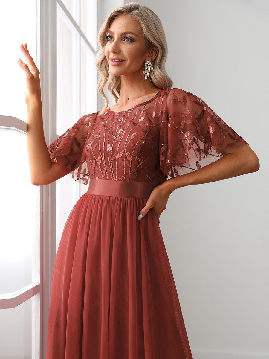 Damen A-Line Kurzarm Stickerei Bodenlanges Abendkleid #Farbe_Gebranntes Orange