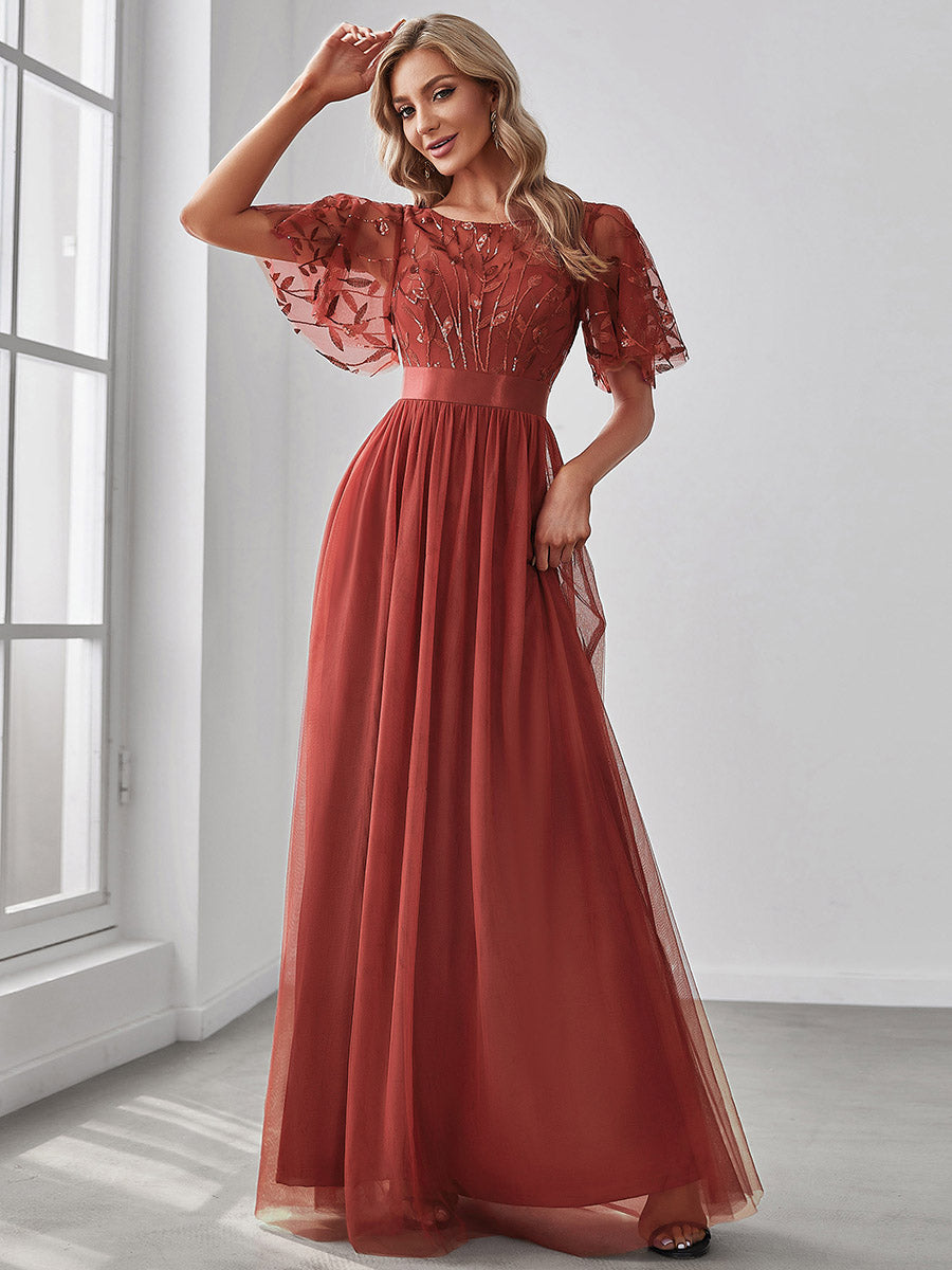 Damen A-Line Kurzarm Bodenlanges Abendkleid 00904 #farbe_Gebranntes Orange