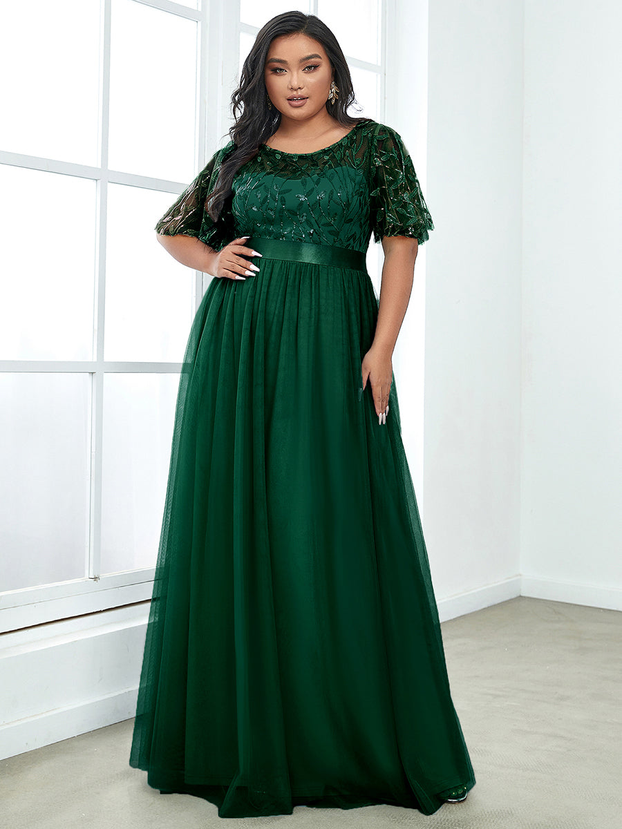 Damen A-Line Kurzarm Stickerei Bodenlanges Abendkleid #Farbe_Dunkelgrün