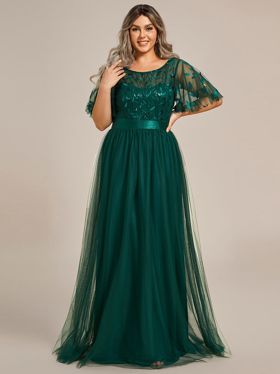 Damen A-Line Kurzarm Stickerei Bodenlanges Abendkleid #Farbe_Dunkelgrün