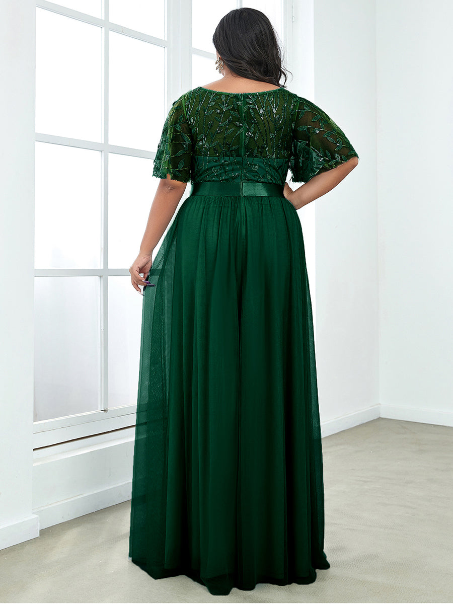 Damen A-Line Kurzarm Stickerei Bodenlanges Abendkleid #Farbe_Dunkelgrün