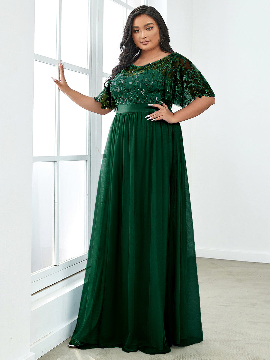 Damen A-Line Kurzarm Stickerei Bodenlanges Abendkleid #Farbe_Dunkelgrün