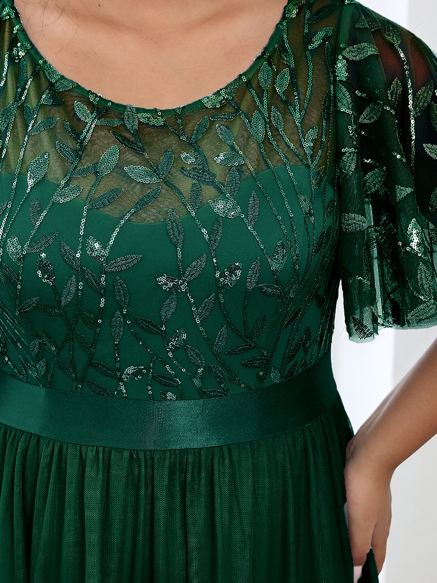 Damen A-Line Kurzarm Stickerei Bodenlanges Abendkleid #Farbe_Dunkelgrün