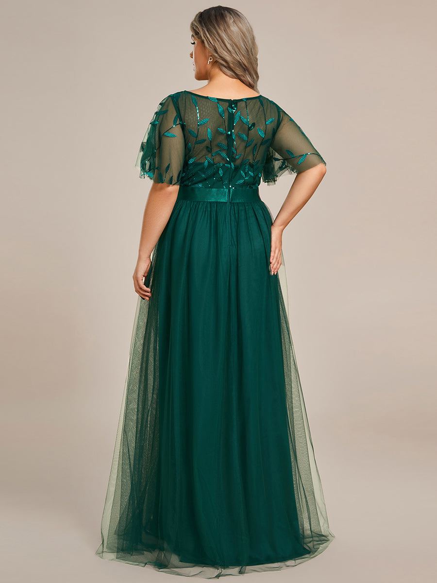 Damen A-Line Kurzarm Stickerei Bodenlanges Abendkleid #Farbe_Dunkelgrün
