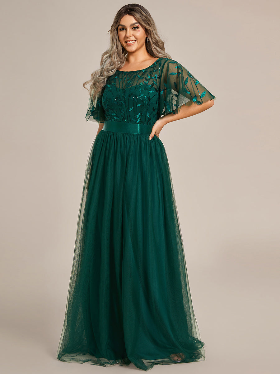 Damen A-Line Kurzarm Bodenlanges Abendkleid 00904 #farbe_Dunkelgrün