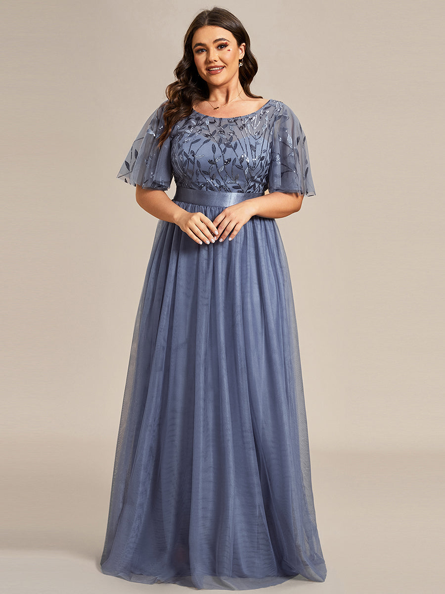 Damen A-Line Kurzarm Stickerei Bodenlanges Abendkleid #Farbe_Taubenblau