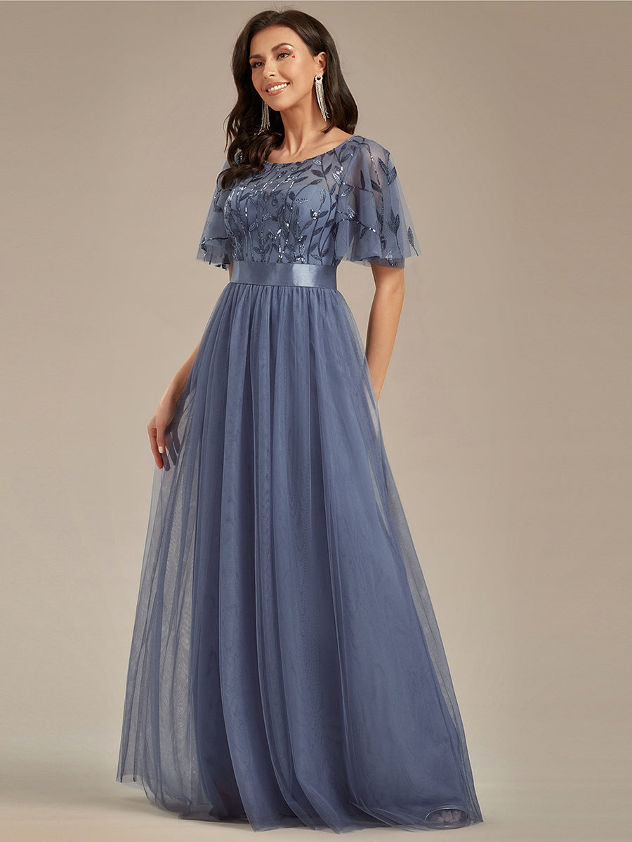 Damen A-Line Kurzarm Bodenlanges Abendkleid 00904 #farbe_Taubenblau