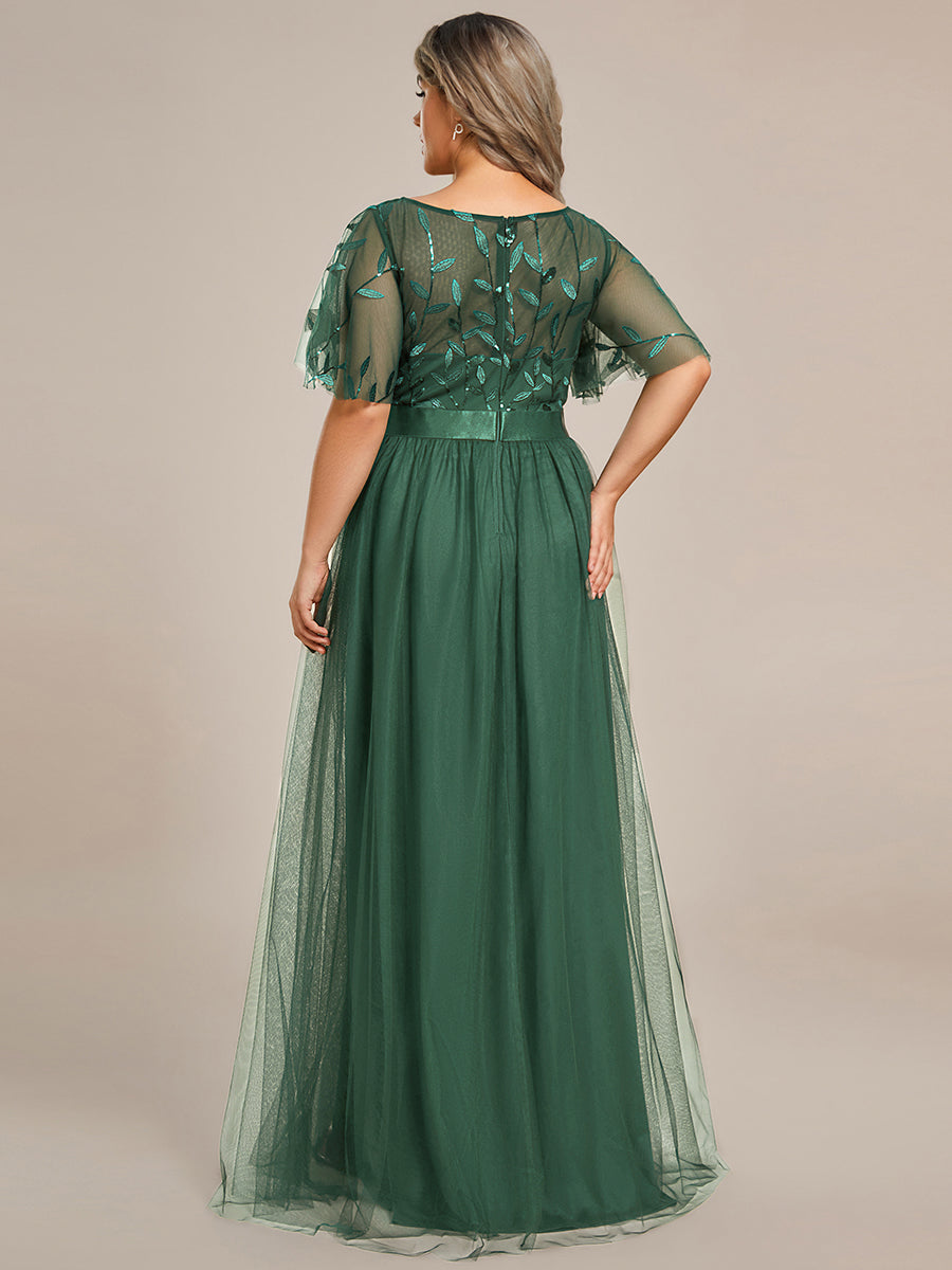 Damen A-Line Kurzarm Stickerei Bodenlanges Abendkleid #Farbe_Eukalyptus