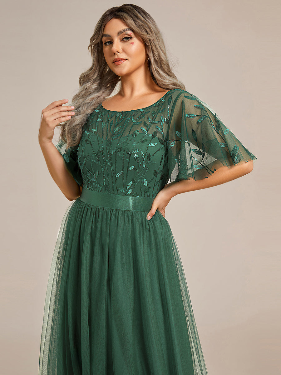Damen A-Line Kurzarm Stickerei Bodenlanges Abendkleid #Farbe_Eukalyptus