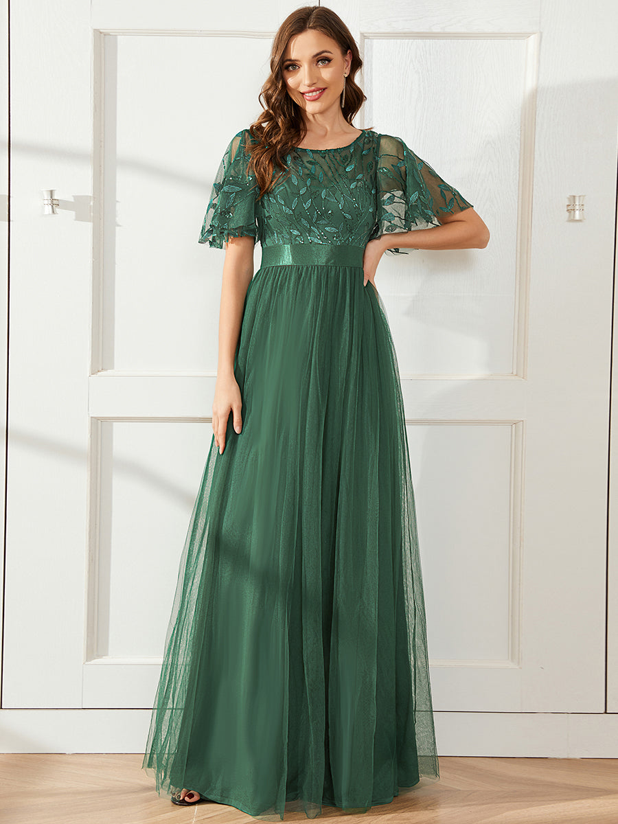 Damen A-Line Kurzarm Stickerei Bodenlanges Abendkleid #Farbe_Eukalyptus