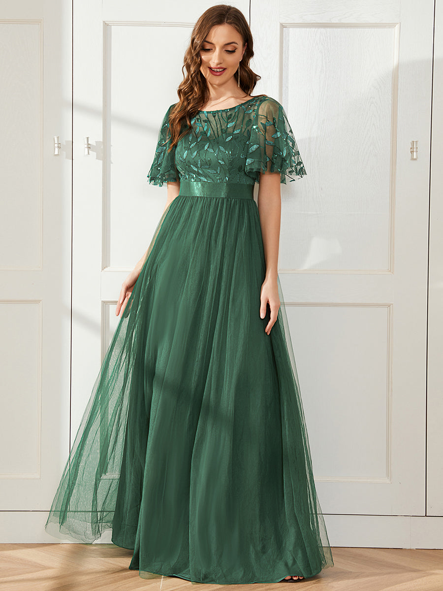 Damen A-Line Kurzarm Stickerei Bodenlanges Abendkleid #Farbe_Eukalyptus