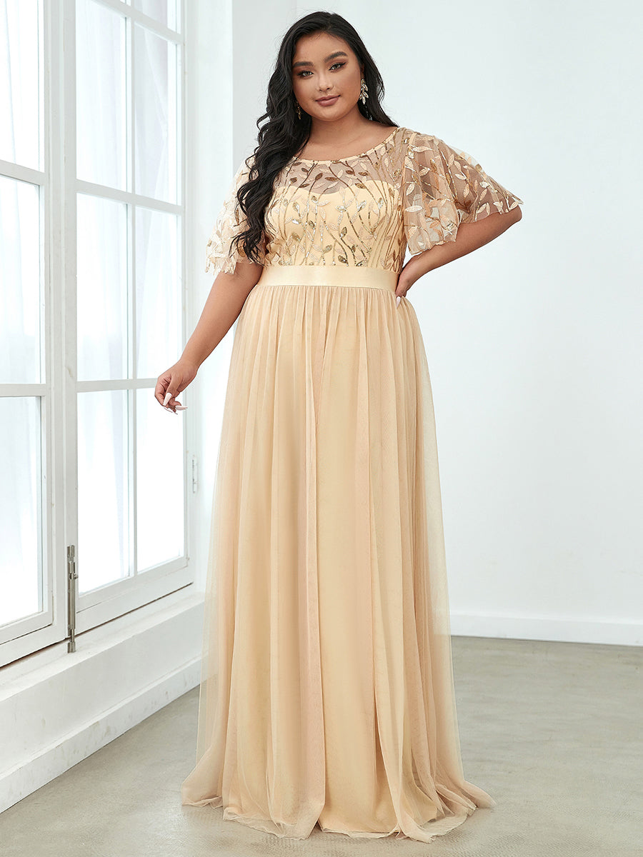 Damen A-Line Kurzarm Bodenlanges Abendkleid 00904 #farbe_Gold