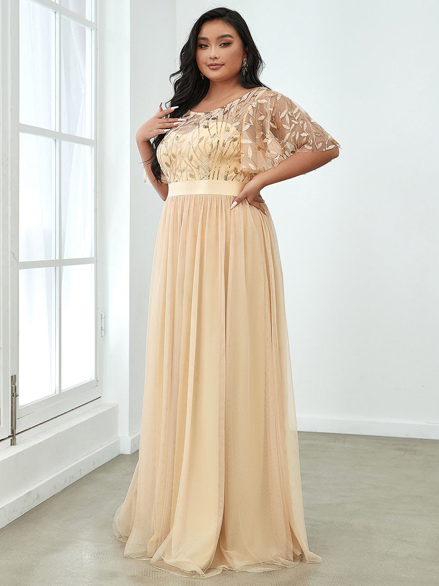 Damen A-Line Kurzarm Stickerei Bodenlanges Abendkleid #Farbe_Gold