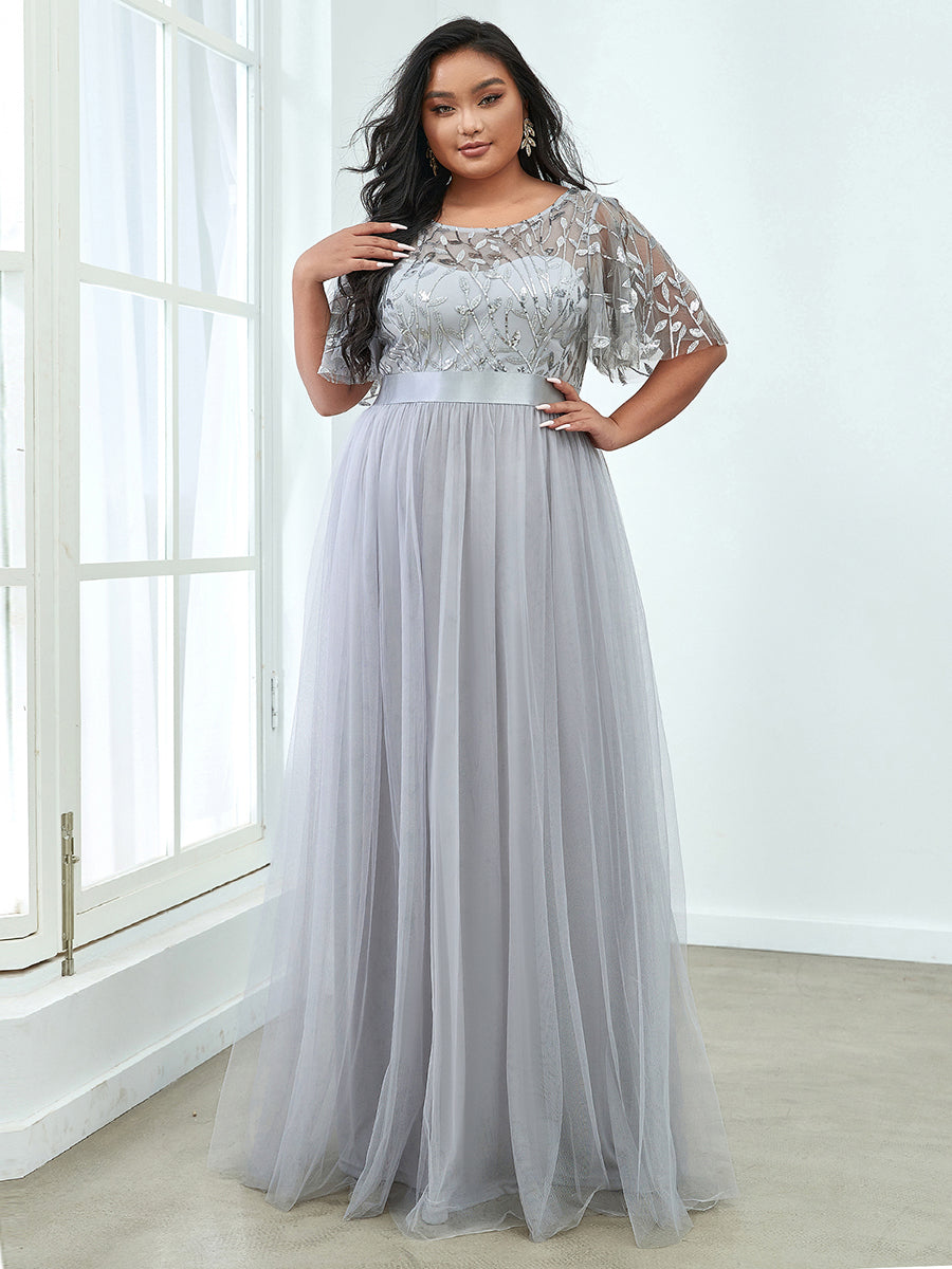 Damen A-Line Kurzarm Stickerei Bodenlanges Abendkleid #Farbe_Grau