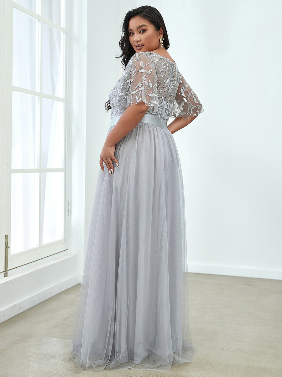 Damen A-Line Kurzarm Stickerei Bodenlanges Abendkleid #Farbe_Grau