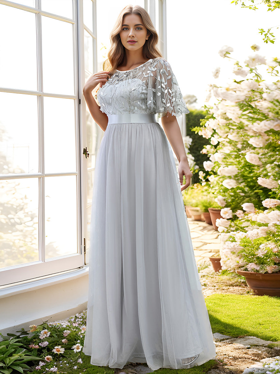Damen A-Line Kurzarm Bodenlanges Abendkleid 00904 #farbe_Grau