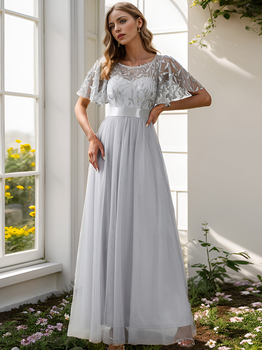 Damen A-Line Kurzarm Stickerei Bodenlanges Abendkleid #Farbe_Grau