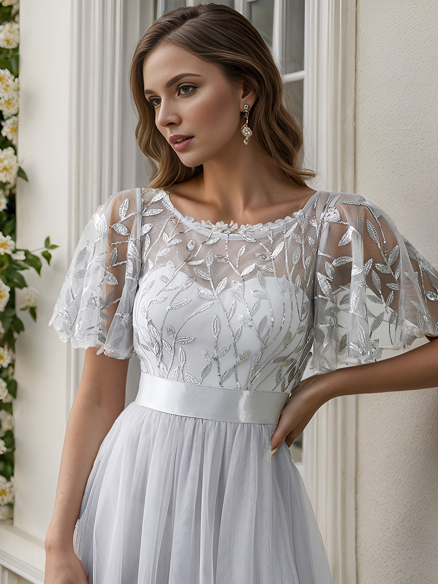 Damen A-Line Kurzarm Bodenlanges Abendkleid 00904 #farbe_Grau