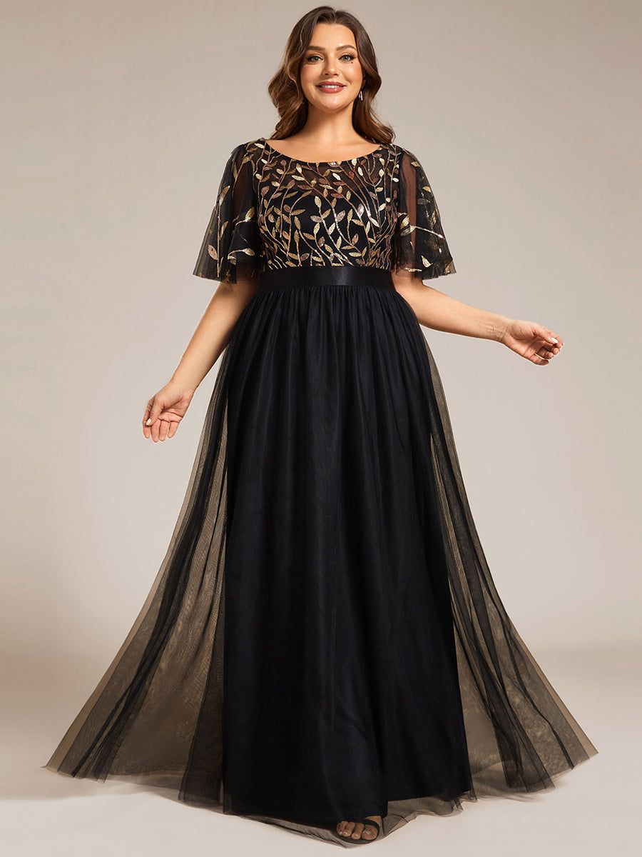Damen A-Line Kurzarm Stickerei Bodenlanges Abendkleid #Farbe_Schwarz & Gold