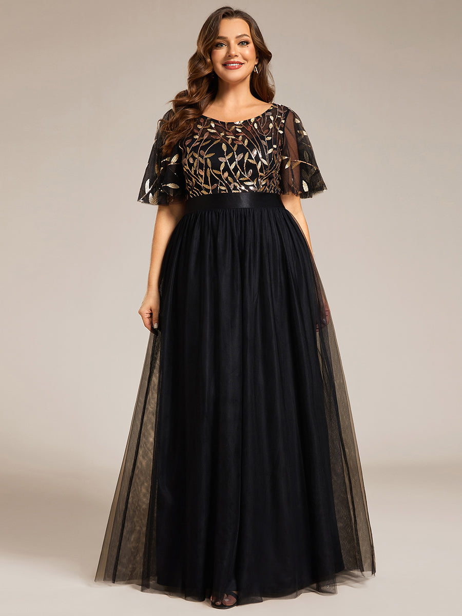 Damen A-Line Kurzarm Bodenlanges Abendkleid 00904 #farbe_Schwarz & Gold