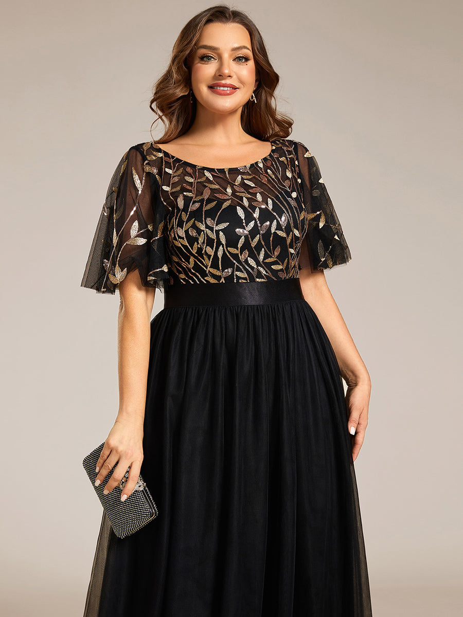 Damen A-Line Kurzarm Stickerei Bodenlanges Abendkleid #Farbe_Schwarz & Gold
