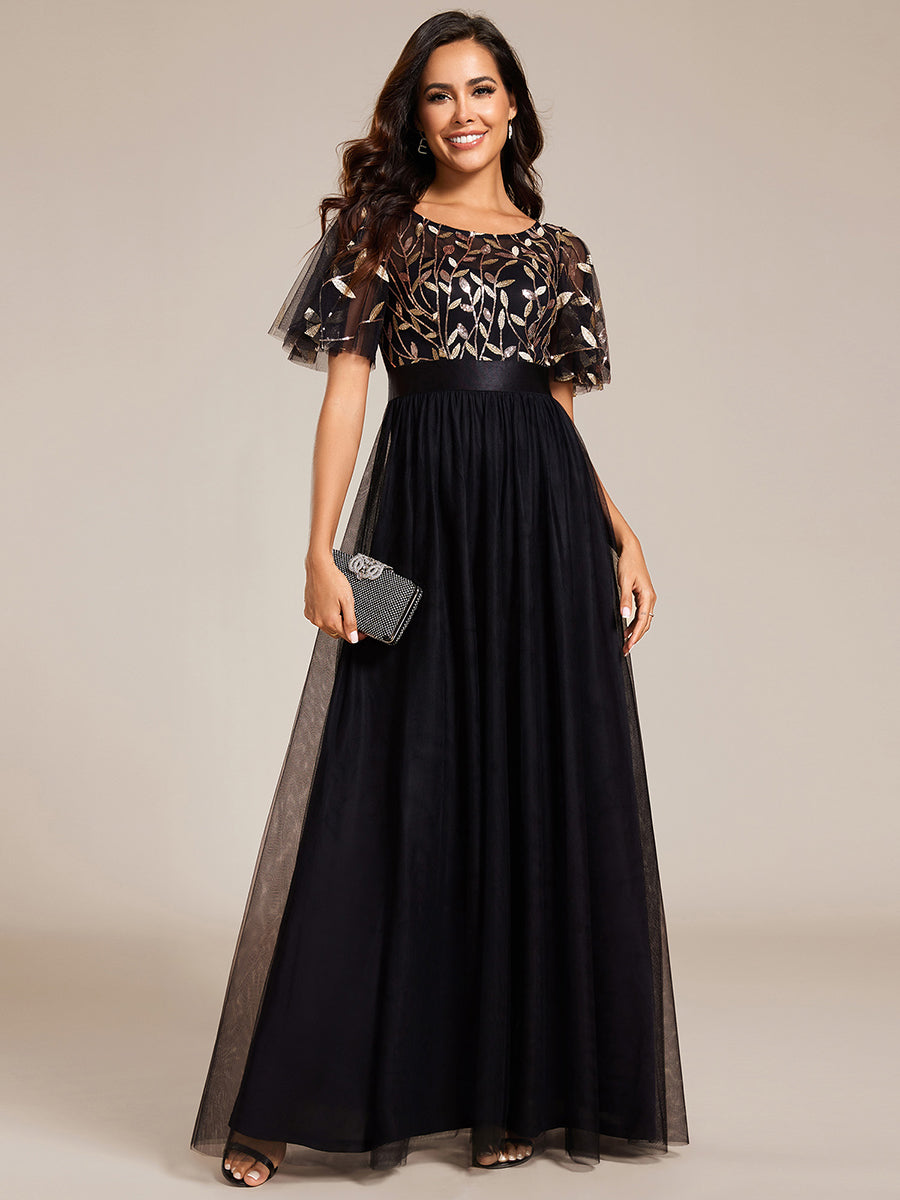 Damen A-Line Kurzarm Stickerei Bodenlanges Abendkleid #Farbe_Schwarz & Gold