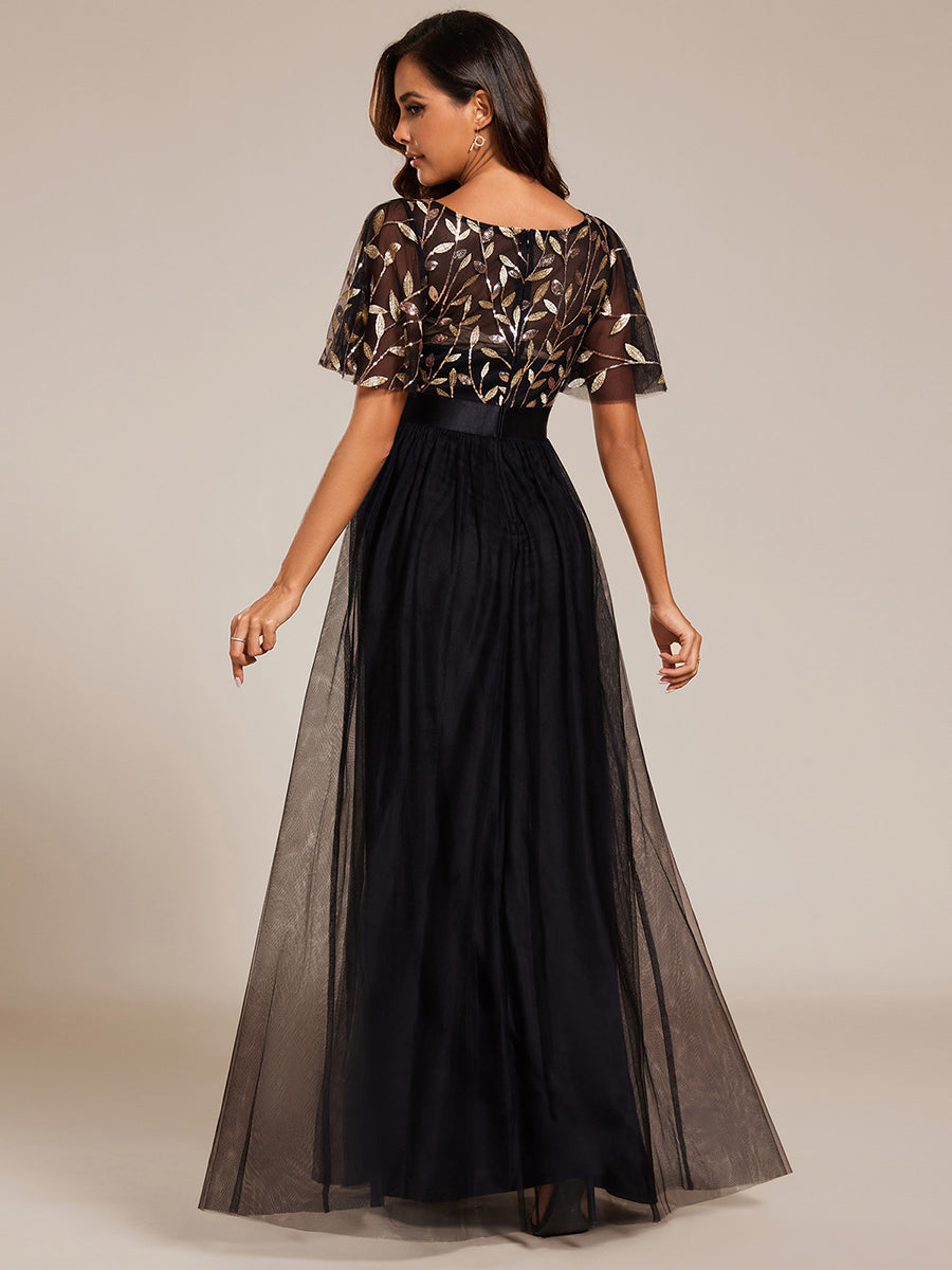 Damen A-Line Kurzarm Stickerei Bodenlanges Abendkleid #Farbe_Schwarz & Gold