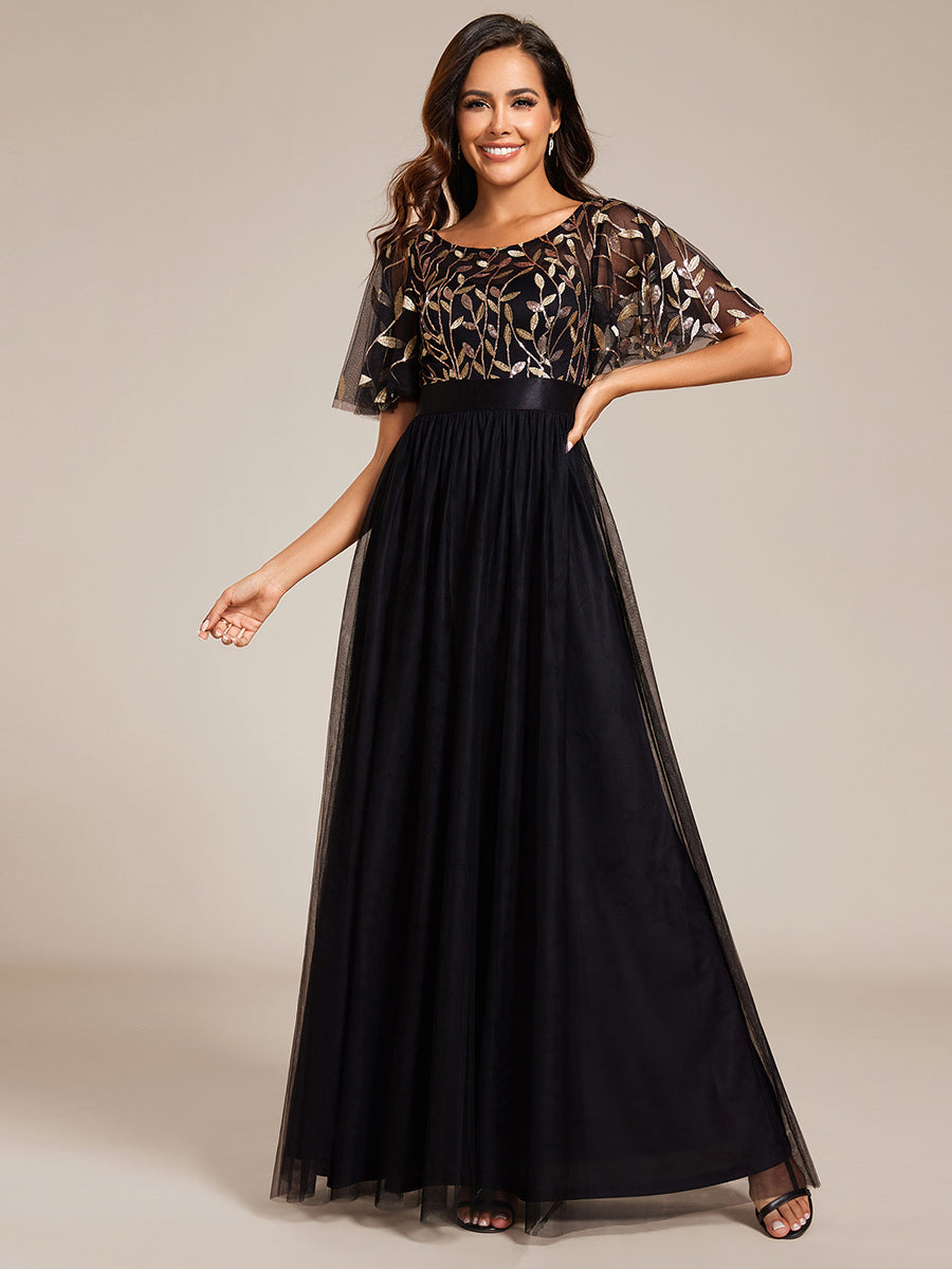 Damen A-Line Kurzarm Stickerei Bodenlanges Abendkleid #Farbe_Schwarz & Gold