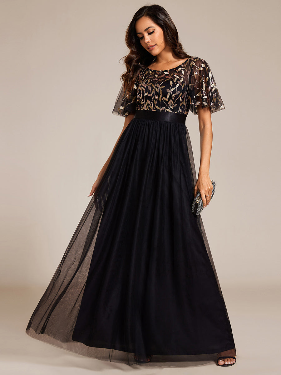 Damen A-Line Kurzarm Stickerei Bodenlanges Abendkleid #Farbe_Schwarz & Gold