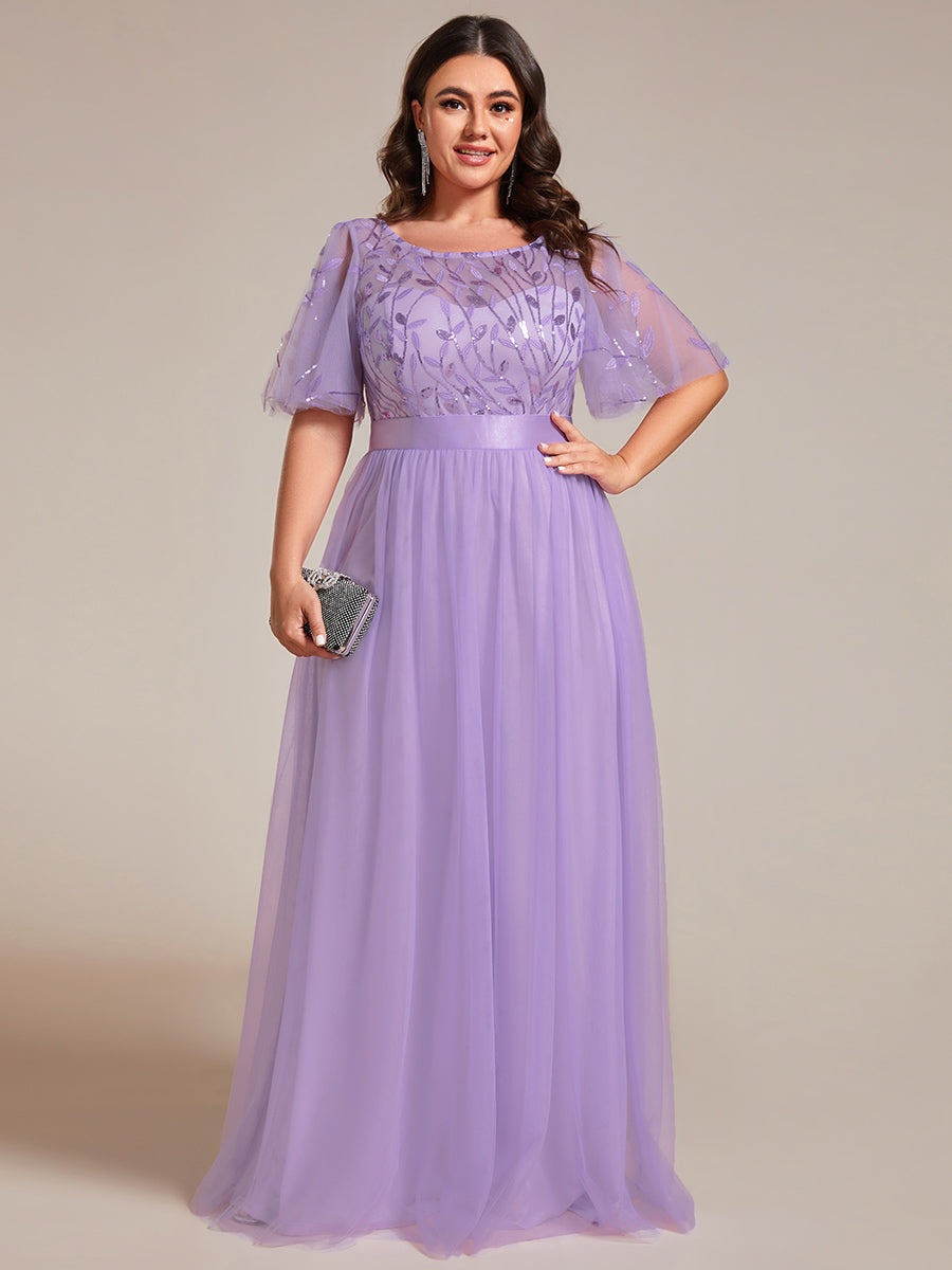 Damen A-Line Kurzarm Stickerei Bodenlanges Abendkleid #Farbe_Lavendel