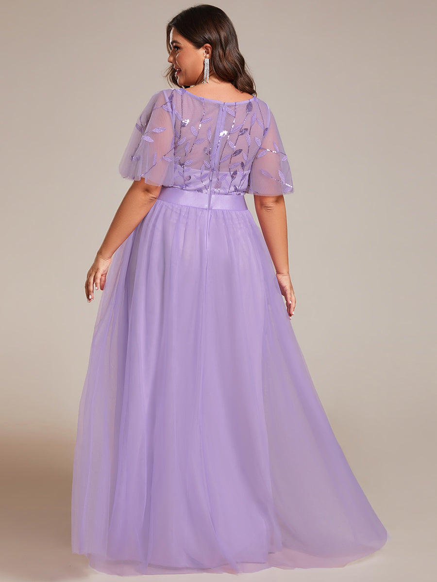 Damen A-Line Kurzarm Stickerei Bodenlanges Abendkleid #Farbe_Lavendel