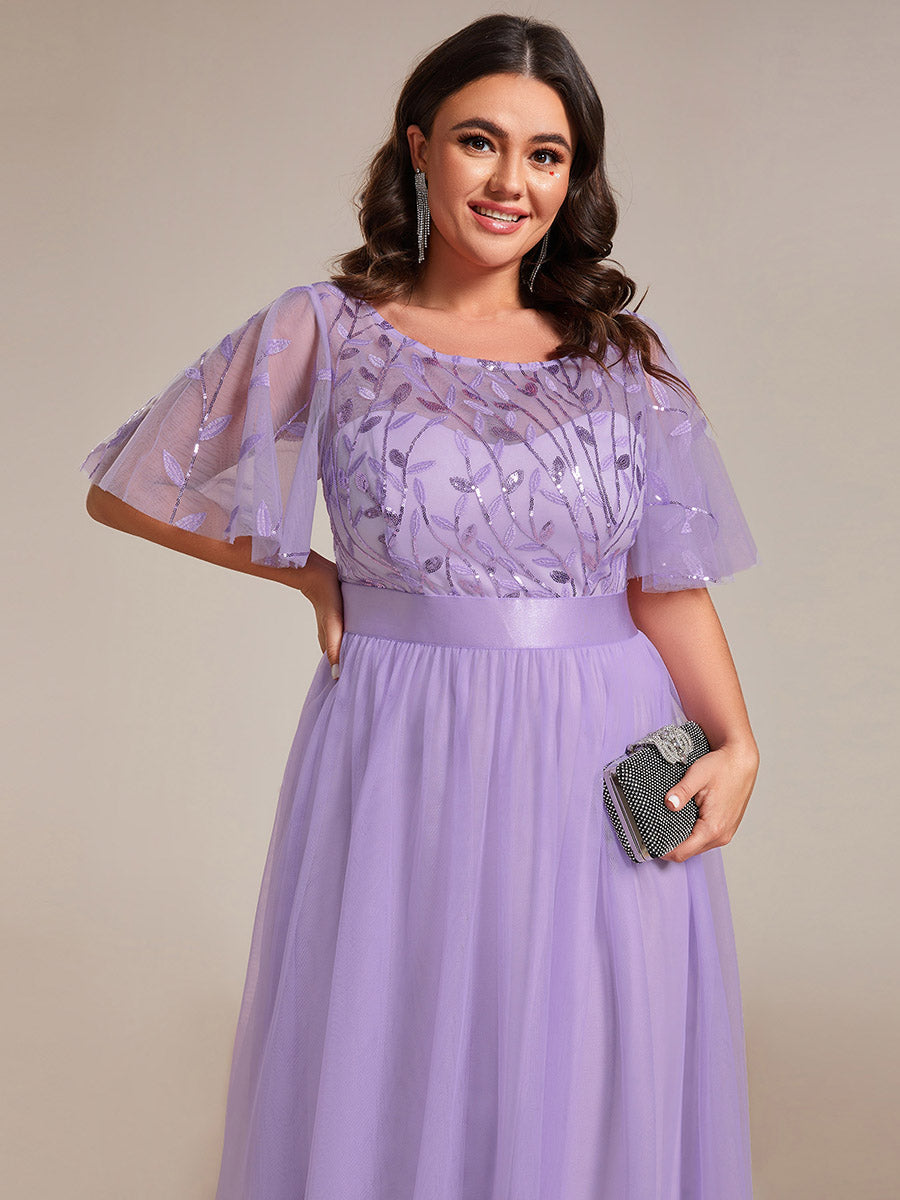 Damen A-Line Kurzarm Stickerei Bodenlanges Abendkleid #Farbe_Lavendel