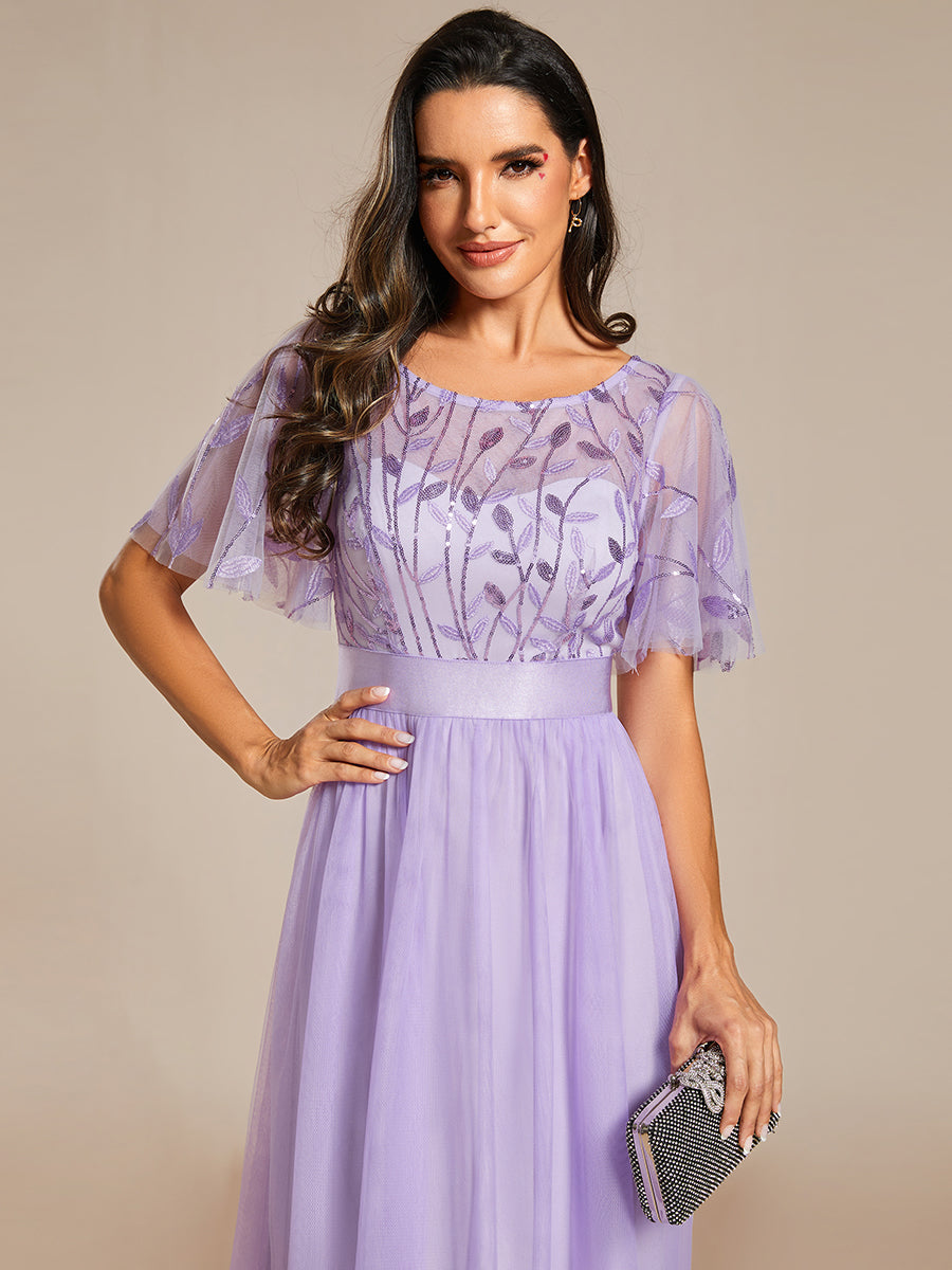Damen A-Line Kurzarm Stickerei Bodenlanges Abendkleid #Farbe_Lavendel