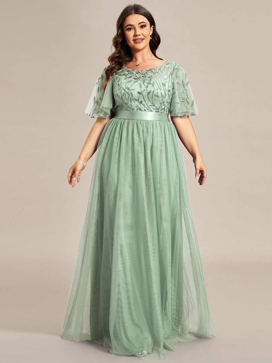 Damen A-Line Kurzarm Stickerei Bodenlanges Abendkleid #Farbe_Mintgrün