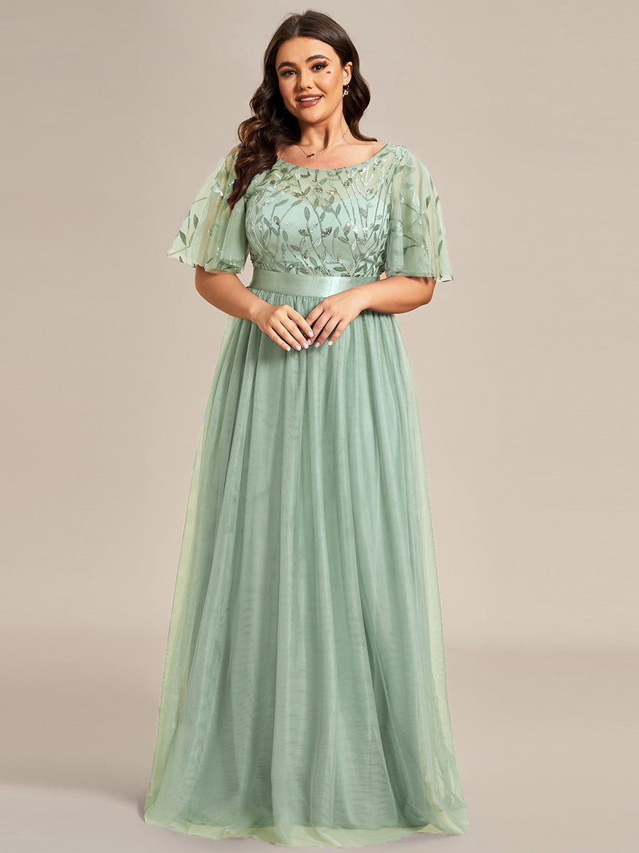 Damen A-Line Kurzarm Stickerei Bodenlanges Abendkleid #Farbe_Mintgrün