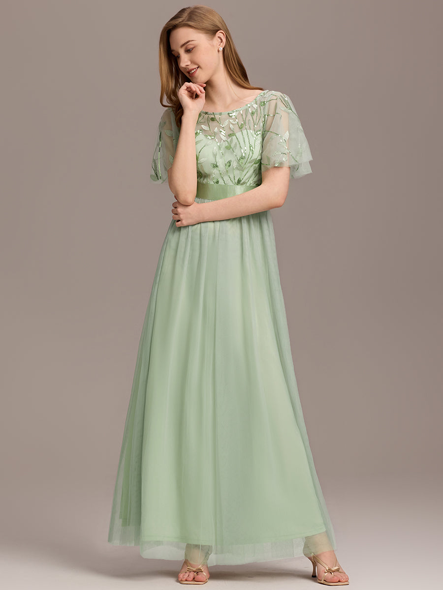 Damen A-Line Kurzarm Stickerei Bodenlanges Abendkleid #Farbe_Mintgrün