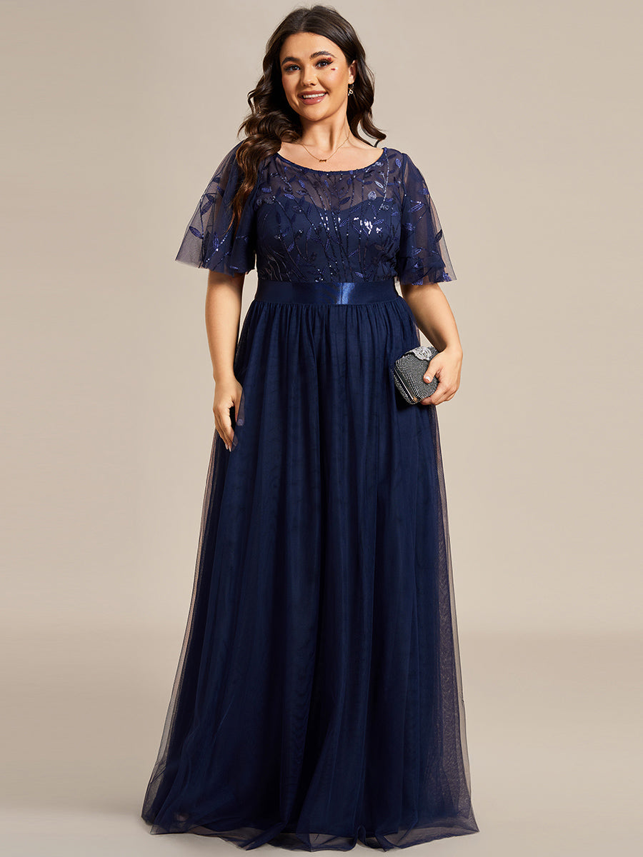 Damen A-Line Kurzarm Stickerei Bodenlanges Abendkleid #Farbe_Marineblau