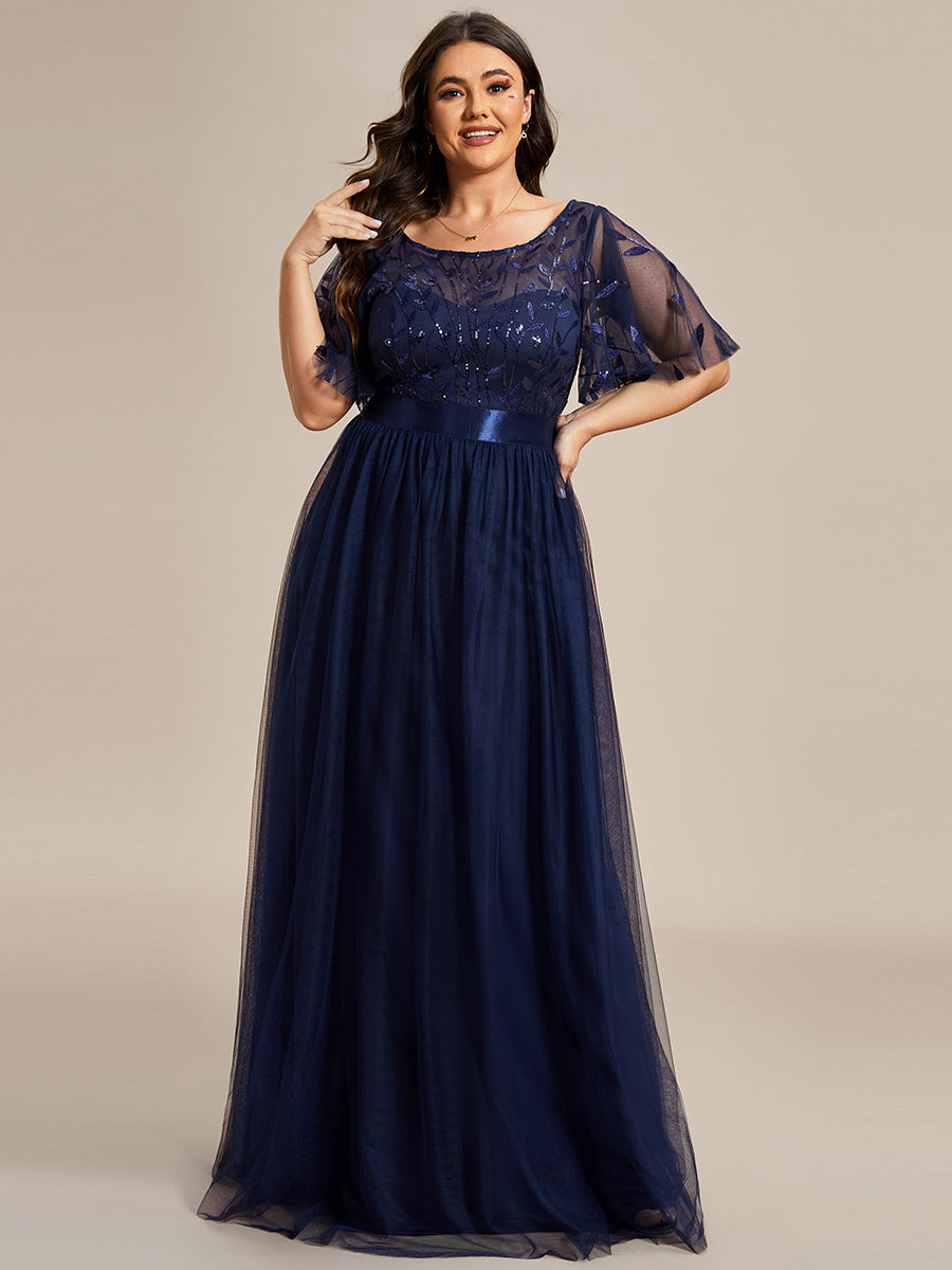 Damen A-Line Kurzarm Stickerei Bodenlanges Abendkleid #Farbe_Marineblau