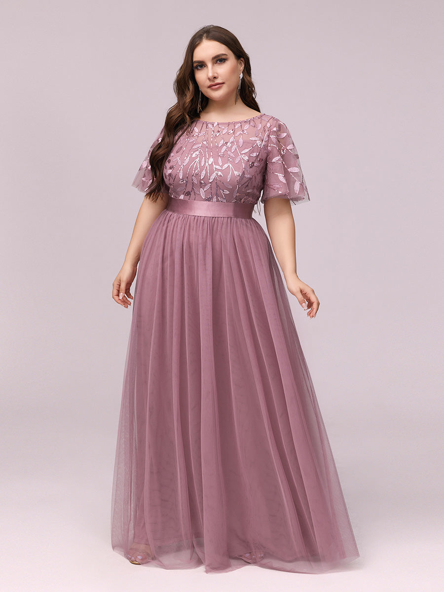Damen A-Line Kurzarm Bodenlanges Abendkleid 00904 #farbe_Orchideenviolett