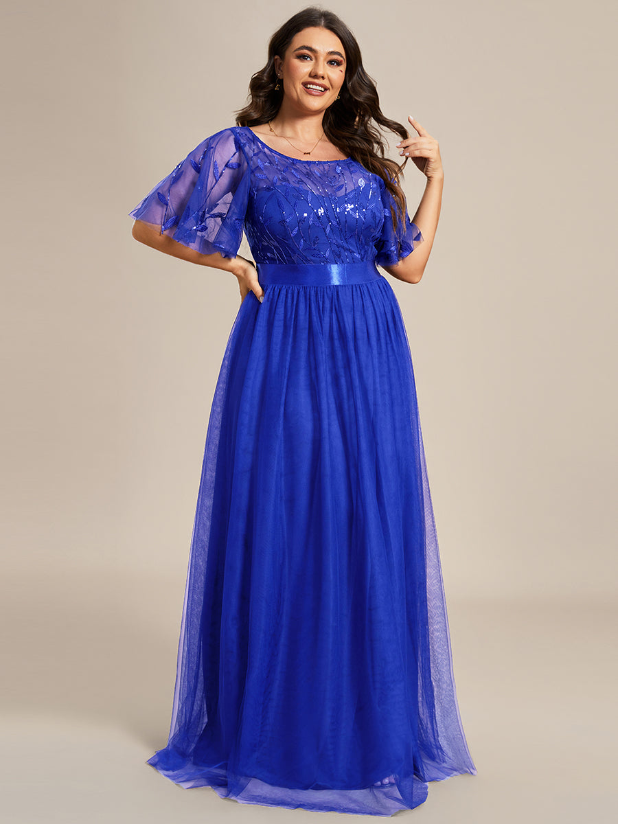 Damen A-Line Kurzarm Stickerei Bodenlanges Abendkleid #Farbe_Saphirblau
